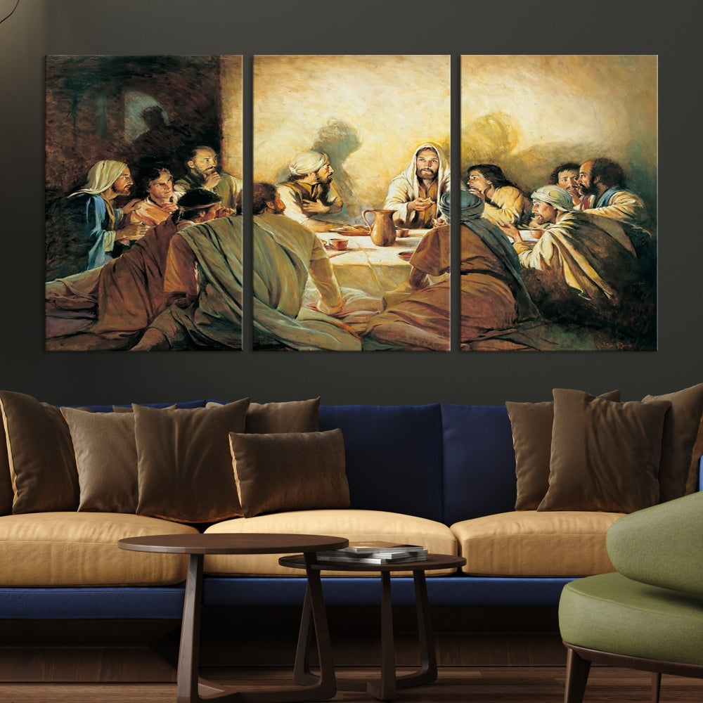 A cozy living room showcases a three-panel canvas titled "The Last Supper Canvas Wall Art – Sacred Religious Masterpiece," depicting people gathered at a table reminiscent of the Last Supper.