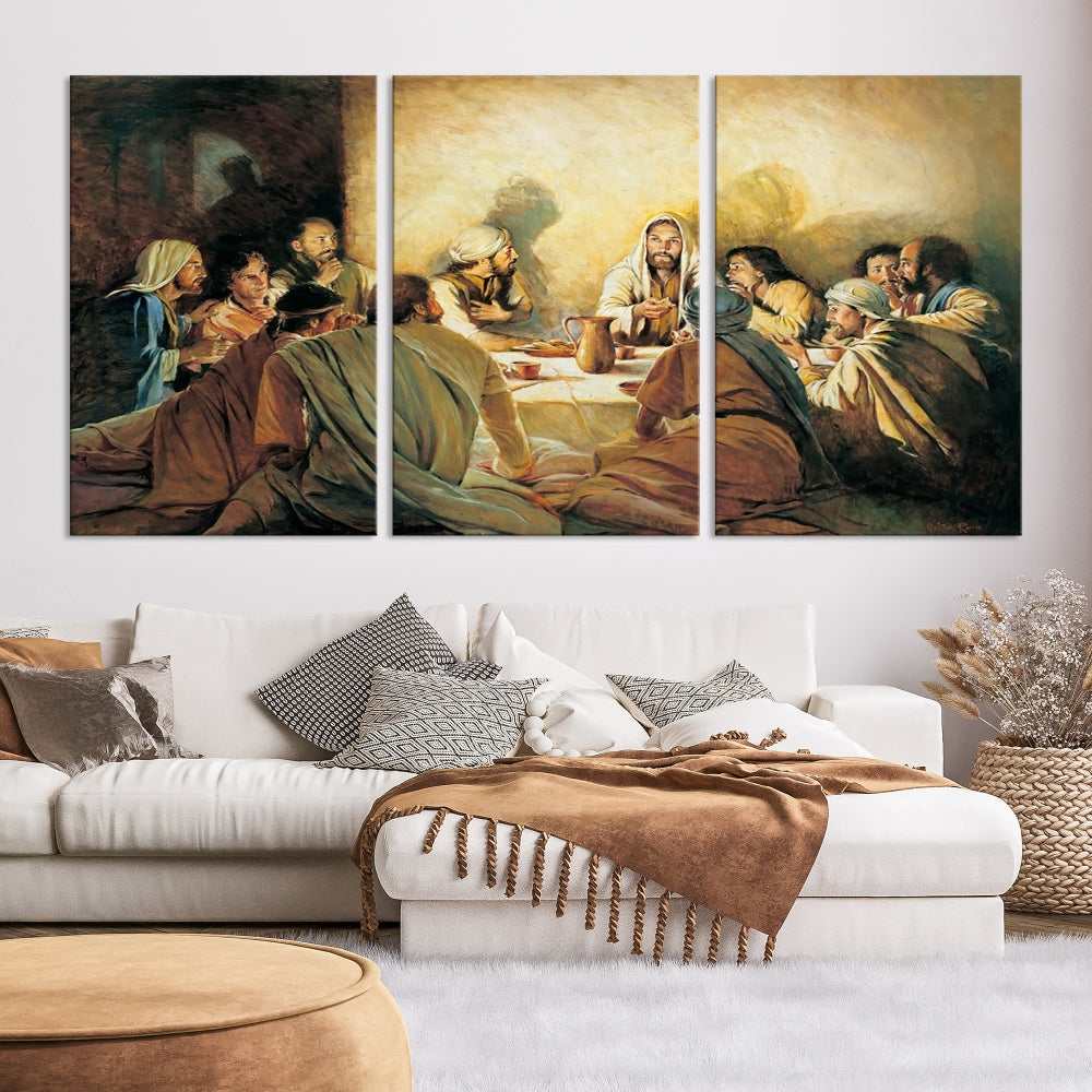 A cozy living room showcases a three-panel canvas titled "The Last Supper Canvas Wall Art – Sacred Religious Masterpiece," depicting people gathered at a table reminiscent of the Last Supper.