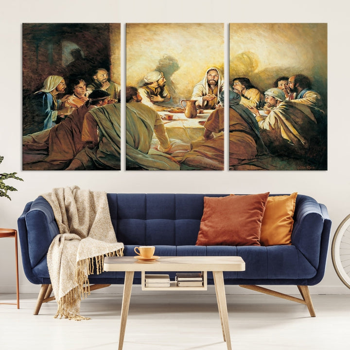 A cozy living room showcases a three-panel canvas titled "The Last Supper Canvas Wall Art – Sacred Religious Masterpiece," depicting people gathered at a table reminiscent of the Last Supper.