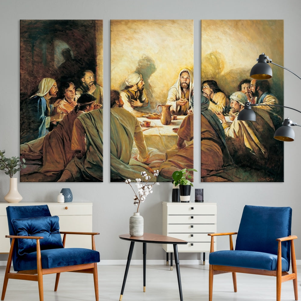 A cozy living room showcases a three-panel canvas titled "The Last Supper Canvas Wall Art – Sacred Religious Masterpiece," depicting people gathered at a table reminiscent of the Last Supper.