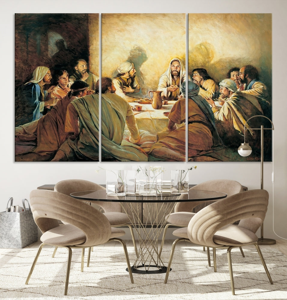 A cozy living room showcases a three-panel canvas titled "The Last Supper Canvas Wall Art – Sacred Religious Masterpiece," depicting people gathered at a table reminiscent of the Last Supper.