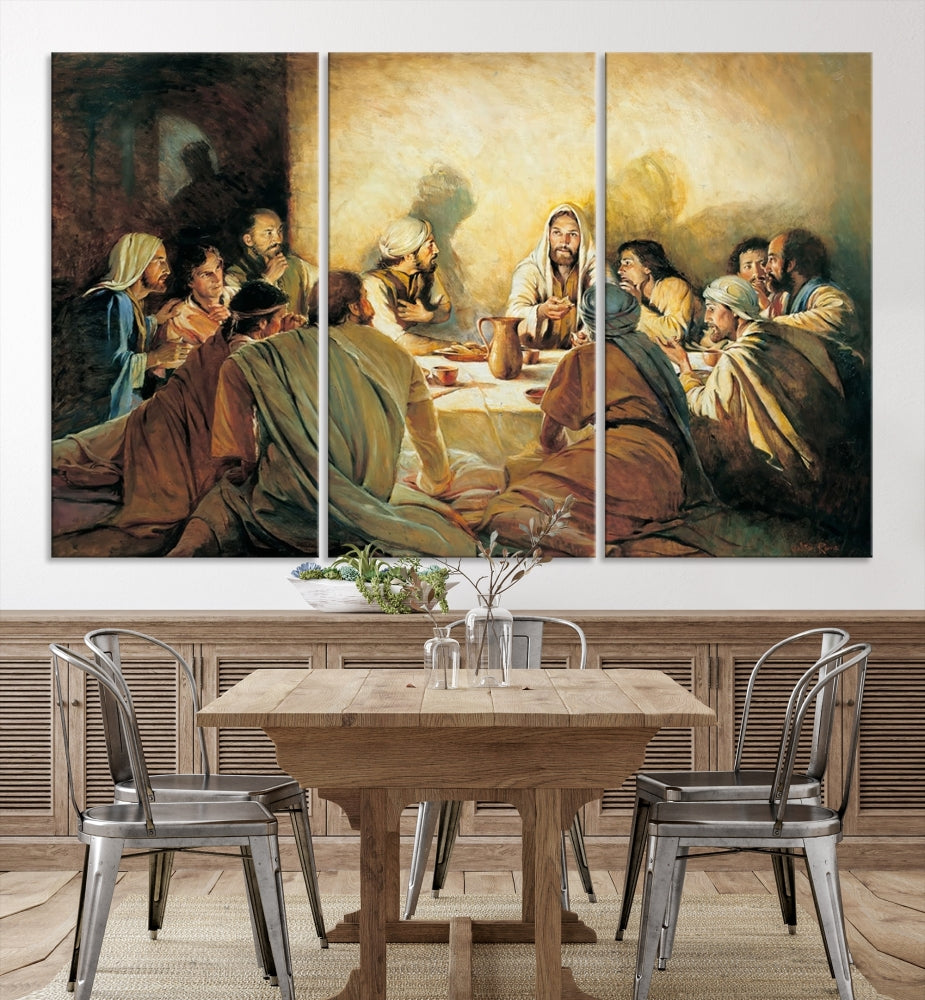 A cozy living room showcases a three-panel canvas titled "The Last Supper Canvas Wall Art – Sacred Religious Masterpiece," depicting people gathered at a table reminiscent of the Last Supper.