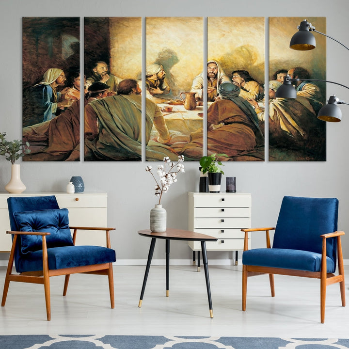 A cozy living room showcases a three-panel canvas titled "The Last Supper Canvas Wall Art – Sacred Religious Masterpiece," depicting people gathered at a table reminiscent of the Last Supper.