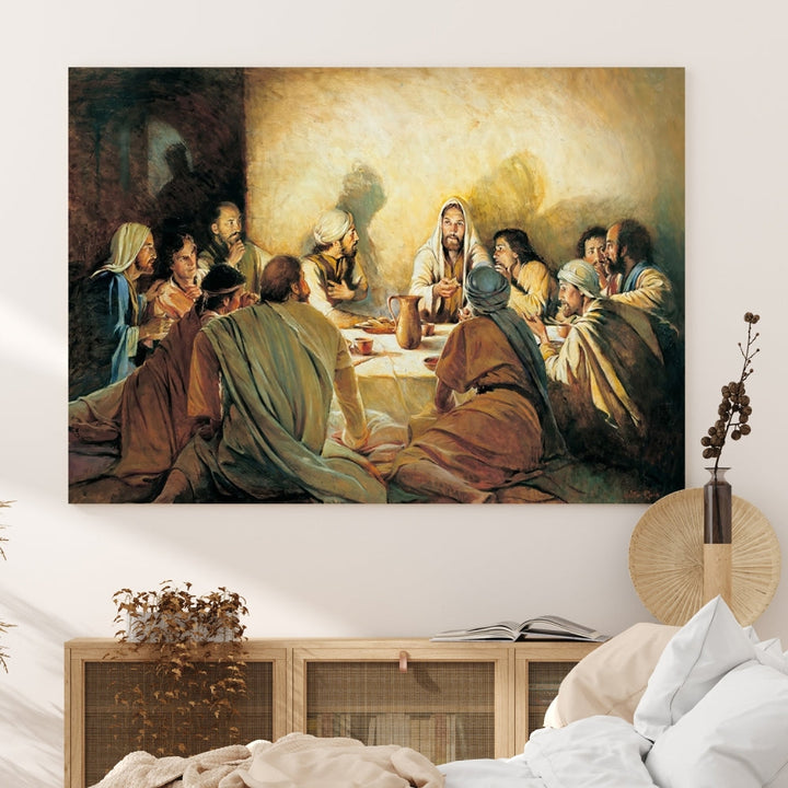 A cozy living room showcases a three-panel canvas titled "The Last Supper Canvas Wall Art – Sacred Religious Masterpiece," depicting people gathered at a table reminiscent of the Last Supper.