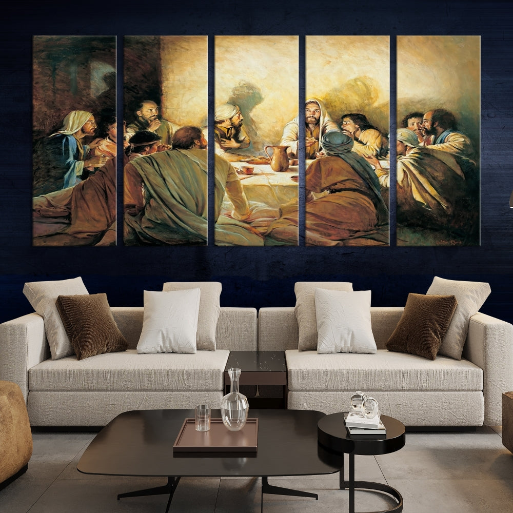 A cozy living room showcases a three-panel canvas titled "The Last Supper Canvas Wall Art – Sacred Religious Masterpiece," depicting people gathered at a table reminiscent of the Last Supper.