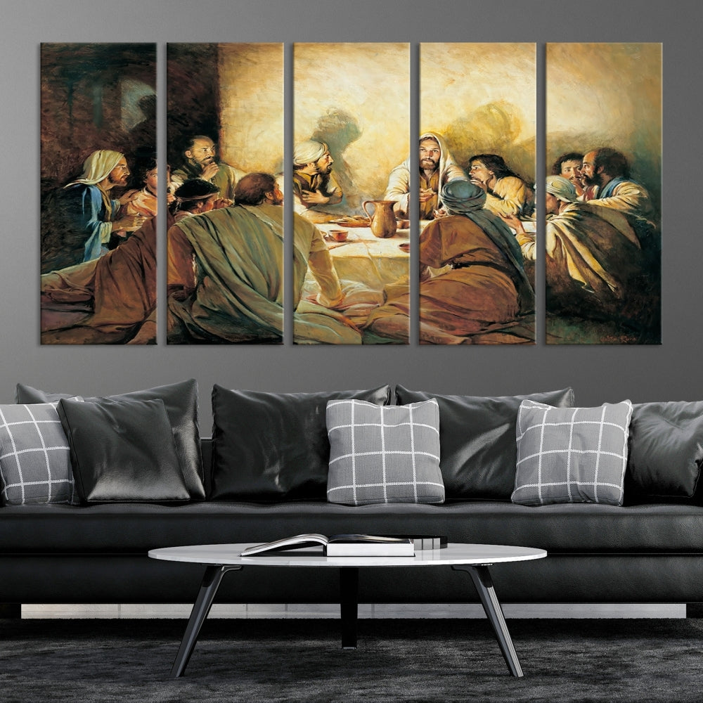 A cozy living room showcases a three-panel canvas titled "The Last Supper Canvas Wall Art – Sacred Religious Masterpiece," depicting people gathered at a table reminiscent of the Last Supper.