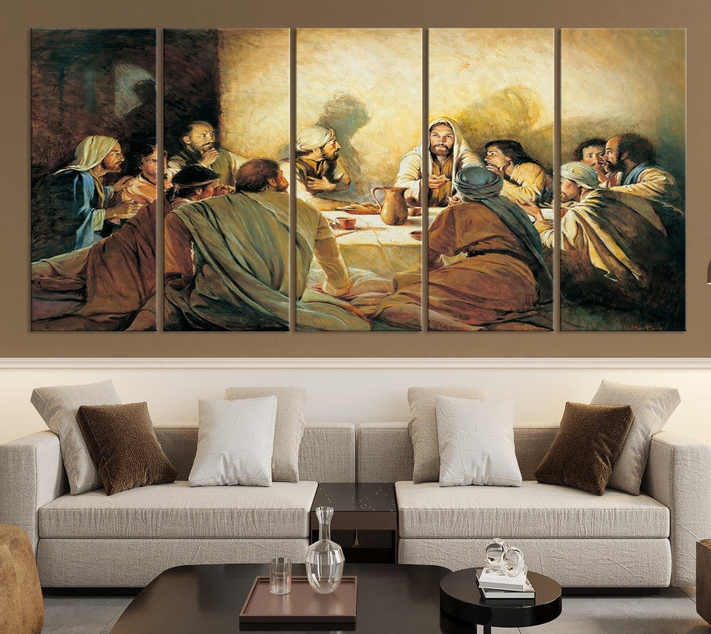 A cozy living room showcases a three-panel canvas titled "The Last Supper Canvas Wall Art – Sacred Religious Masterpiece," depicting people gathered at a table reminiscent of the Last Supper.