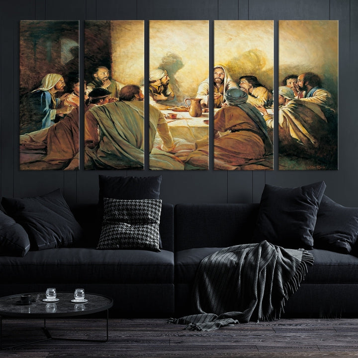 A cozy living room showcases a three-panel canvas titled "The Last Supper Canvas Wall Art – Sacred Religious Masterpiece," depicting people gathered at a table reminiscent of the Last Supper.