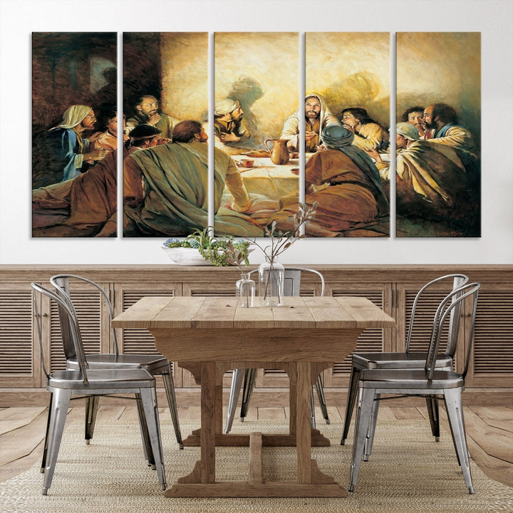 A cozy living room showcases a three-panel canvas titled "The Last Supper Canvas Wall Art – Sacred Religious Masterpiece," depicting people gathered at a table reminiscent of the Last Supper.