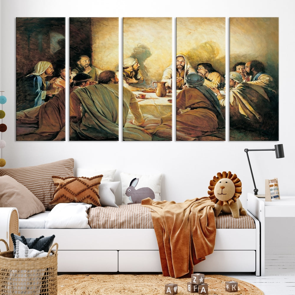 A cozy living room showcases a three-panel canvas titled "The Last Supper Canvas Wall Art – Sacred Religious Masterpiece," depicting people gathered at a table reminiscent of the Last Supper.