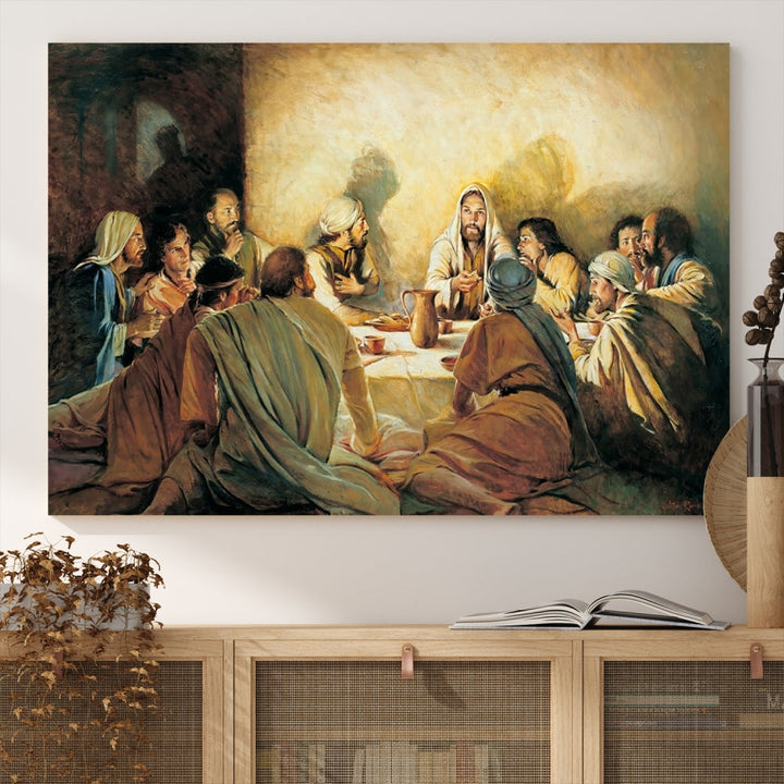 A cozy living room showcases a three-panel canvas titled "The Last Supper Canvas Wall Art – Sacred Religious Masterpiece," depicting people gathered at a table reminiscent of the Last Supper.