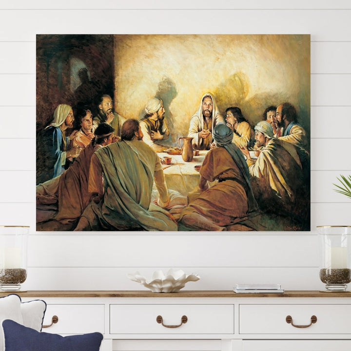 A cozy living room showcases a three-panel canvas titled "The Last Supper Canvas Wall Art – Sacred Religious Masterpiece," depicting people gathered at a table reminiscent of the Last Supper.