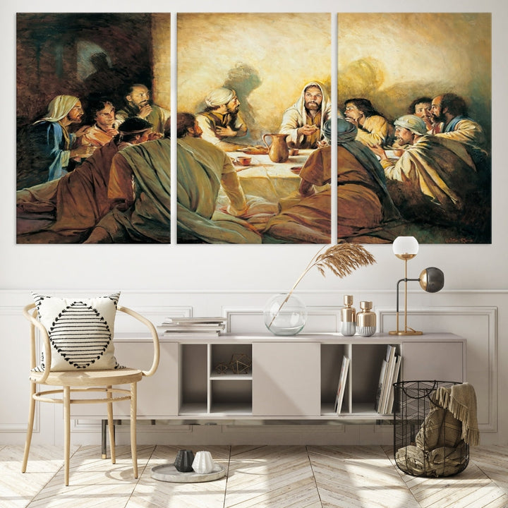 A cozy living room showcases a three-panel canvas titled "The Last Supper Canvas Wall Art – Sacred Religious Masterpiece," depicting people gathered at a table reminiscent of the Last Supper.