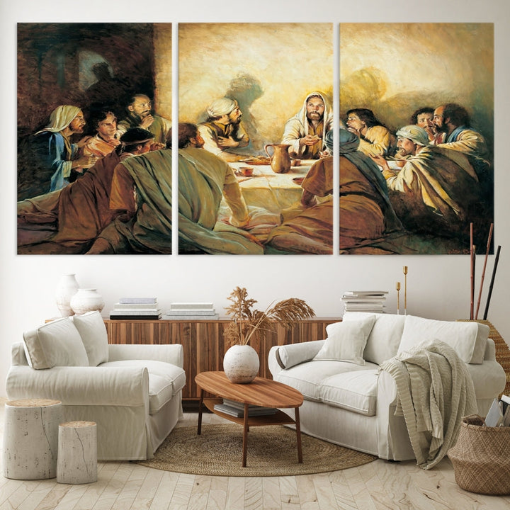 A cozy living room showcases a three-panel canvas titled "The Last Supper Canvas Wall Art – Sacred Religious Masterpiece," depicting people gathered at a table reminiscent of the Last Supper.