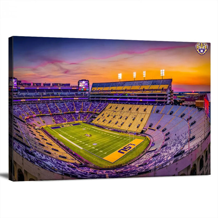 The living room showcases a canvas print of Baton Rouge's Tiger Stadium at sunset, titled "The Louisiana State University Tigers Football Team Print.