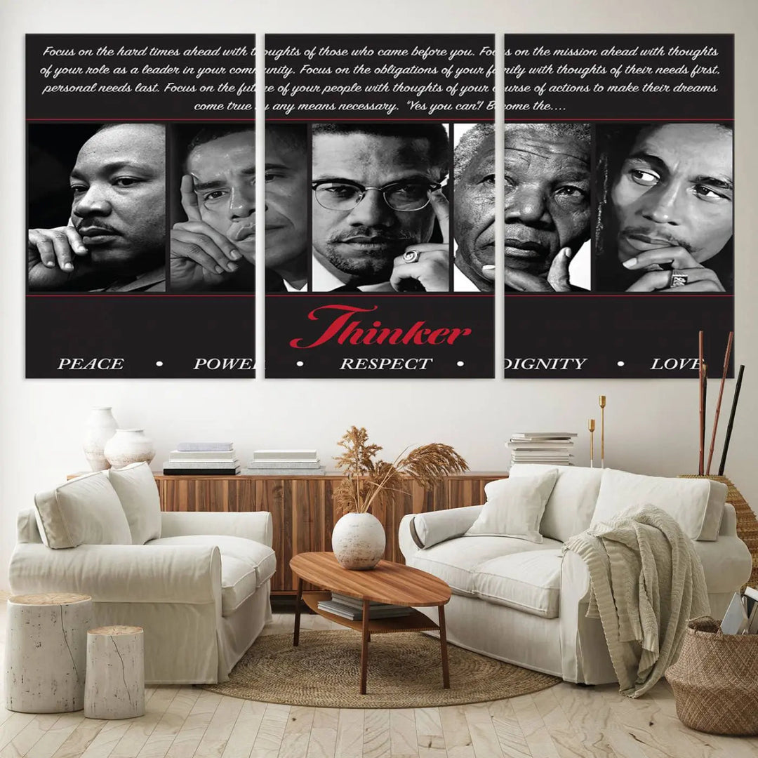 A living room featuring the Thinker Peace Power Respect Dignity Wall Art, which showcases four influential figures.