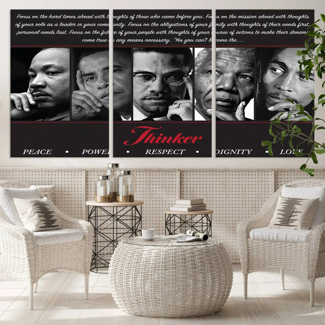 A living room featuring the Thinker Peace Power Respect Dignity Wall Art, which showcases four influential figures.