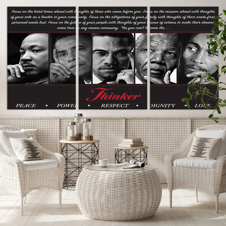 A living room featuring the Thinker Peace Power Respect Dignity Wall Art, which showcases four influential figures.