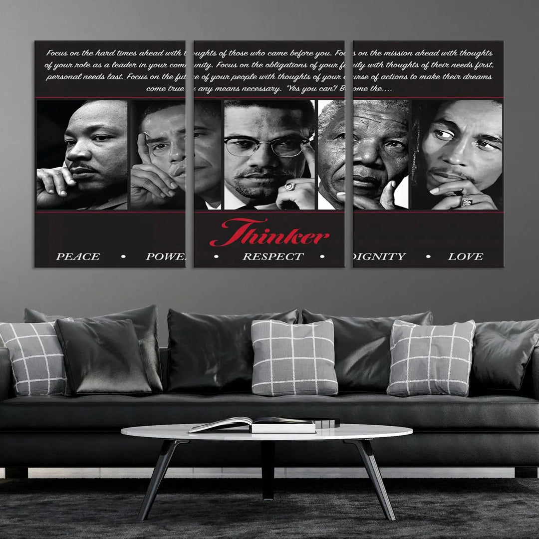 A living room featuring the Thinker Peace Power Respect Dignity Wall Art, which showcases four influential figures.