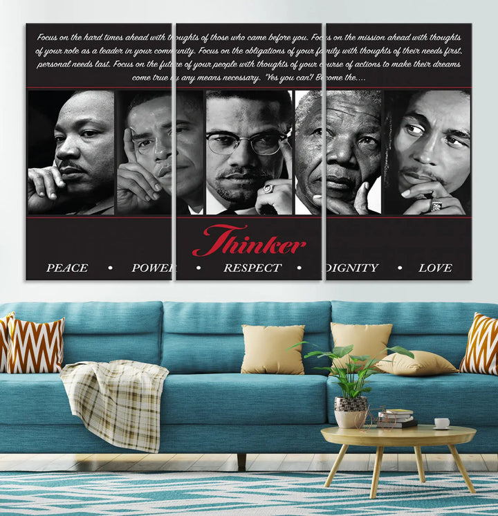 A living room featuring the Thinker Peace Power Respect Dignity Wall Art, which showcases four influential figures.