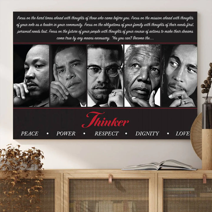 A living room featuring the Thinker Peace Power Respect Dignity Wall Art, which showcases four influential figures.