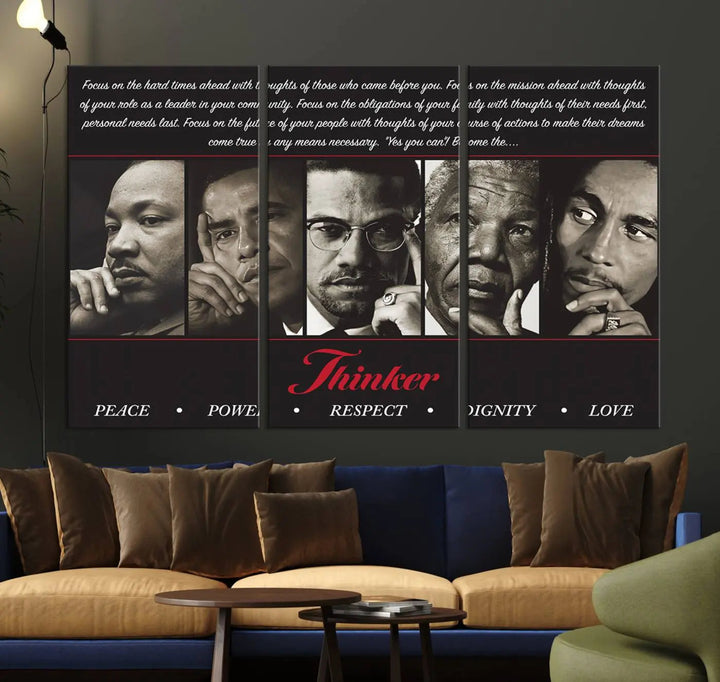 Thinker Quintet Canvas Wall Art – Martin, Obama, Malcolm X, Mandela, Marley – adorns the walls, featuring portraits and text inspired by historical icons and African art. This triptych represents themes of Peace, Power, Respect, Dignity, and Love.