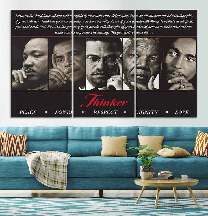 Thinker Quintet Canvas Wall Art – Martin, Obama, Malcolm X, Mandela, Marley – adorns the walls, featuring portraits and text inspired by historical icons and African art. This triptych represents themes of Peace, Power, Respect, Dignity, and Love.