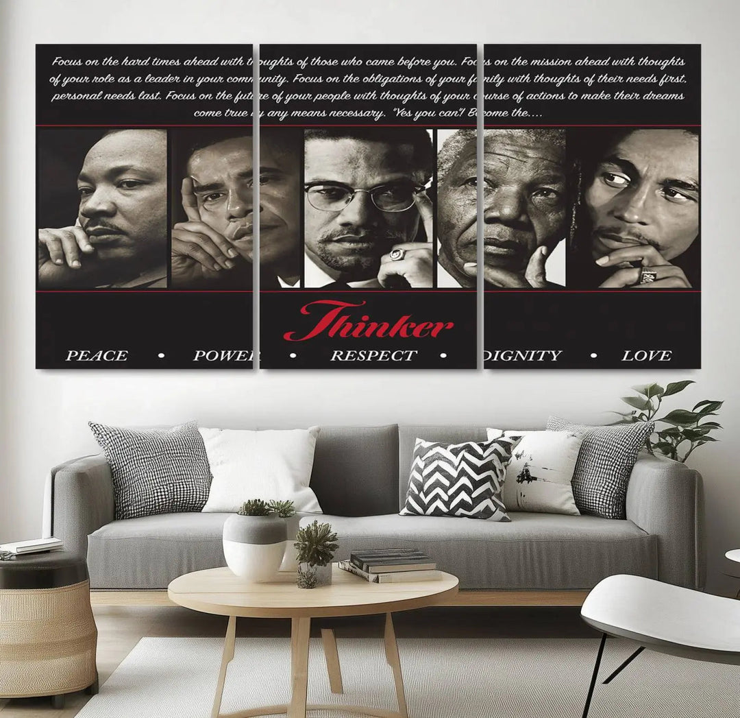 Thinker Quintet Canvas Wall Art – Martin, Obama, Malcolm X, Mandela, Marley – adorns the walls, featuring portraits and text inspired by historical icons and African art. This triptych represents themes of Peace, Power, Respect, Dignity, and Love.