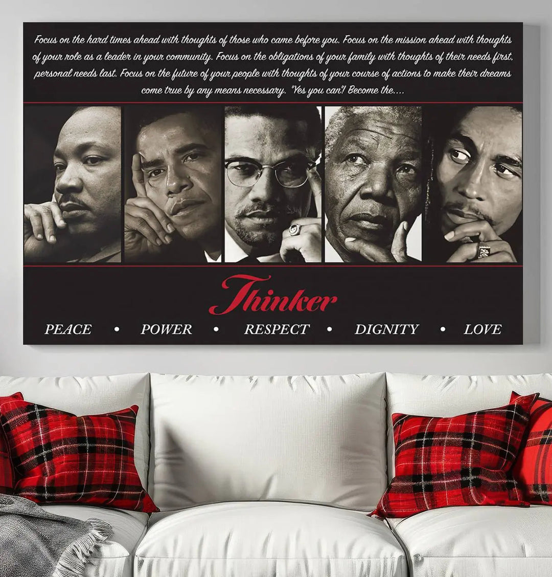 Thinker Quintet Canvas Wall Art – Martin, Obama, Malcolm X, Mandela, Marley – adorns the walls, featuring portraits and text inspired by historical icons and African art. This triptych represents themes of Peace, Power, Respect, Dignity, and Love.