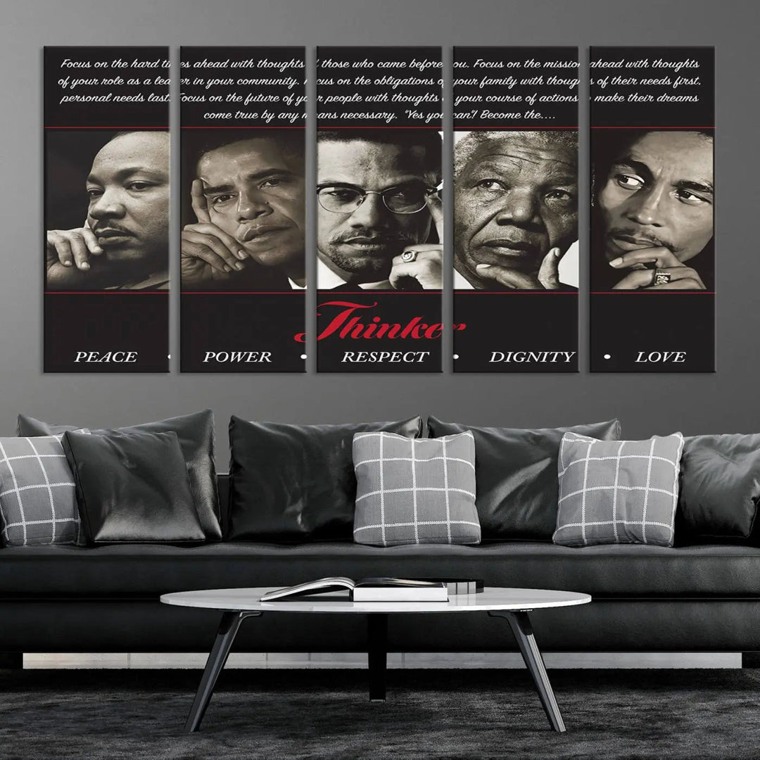 Thinker Quintet Canvas Wall Art – Martin, Obama, Malcolm X, Mandela, Marley – adorns the walls, featuring portraits and text inspired by historical icons and African art. This triptych represents themes of Peace, Power, Respect, Dignity, and Love.