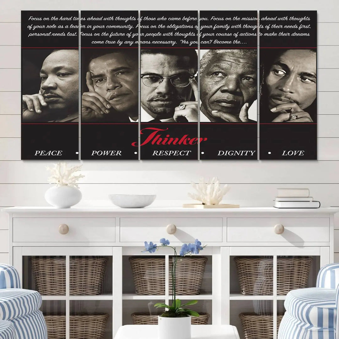 Thinker Quintet Canvas Wall Art – Martin, Obama, Malcolm X, Mandela, Marley – adorns the walls, featuring portraits and text inspired by historical icons and African art. This triptych represents themes of Peace, Power, Respect, Dignity, and Love.