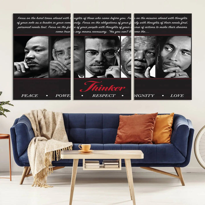 The Thinker Quintet Canvas Wall Art features a striking three-panel artwork of monochrome portraits, highlighting esteemed figures such as Martin, Obama, Malcolm X, Mandela, and Marley. It incorporates text that reflects timeless values: Peace, Power, Respect, Dignity, and Love while drawing inspiration from African art.