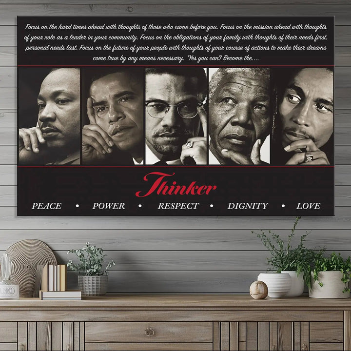 Thinker Quintet Canvas Wall Art – Martin, Obama, Malcolm X, Mandela, Marley – adorns the walls, featuring portraits and text inspired by historical icons and African art. This triptych represents themes of Peace, Power, Respect, Dignity, and Love.