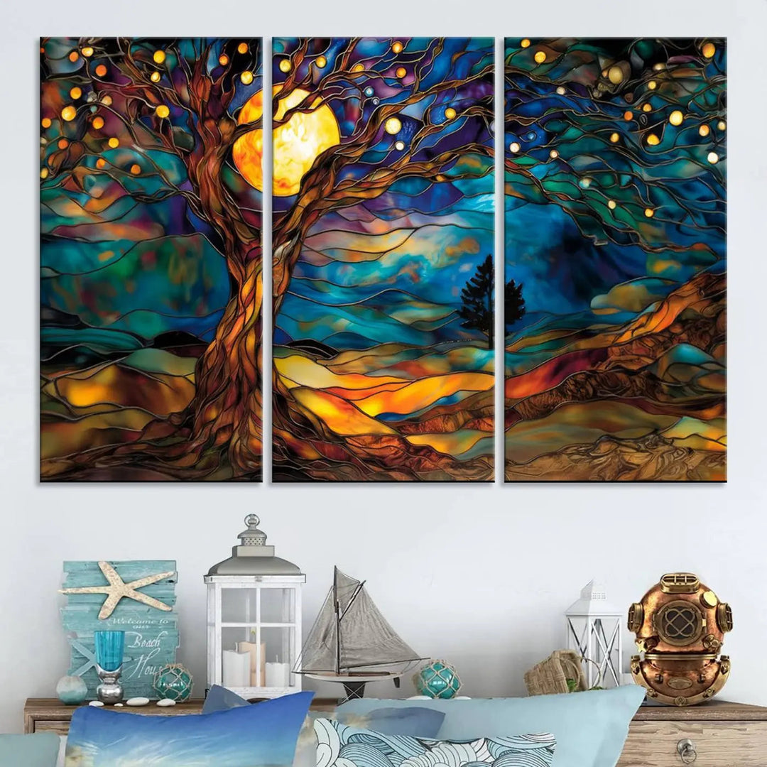 The Tree of Life wall art, featuring a moonlit Yggdrasil tree, evokes a vibrant and cozy atmosphere.