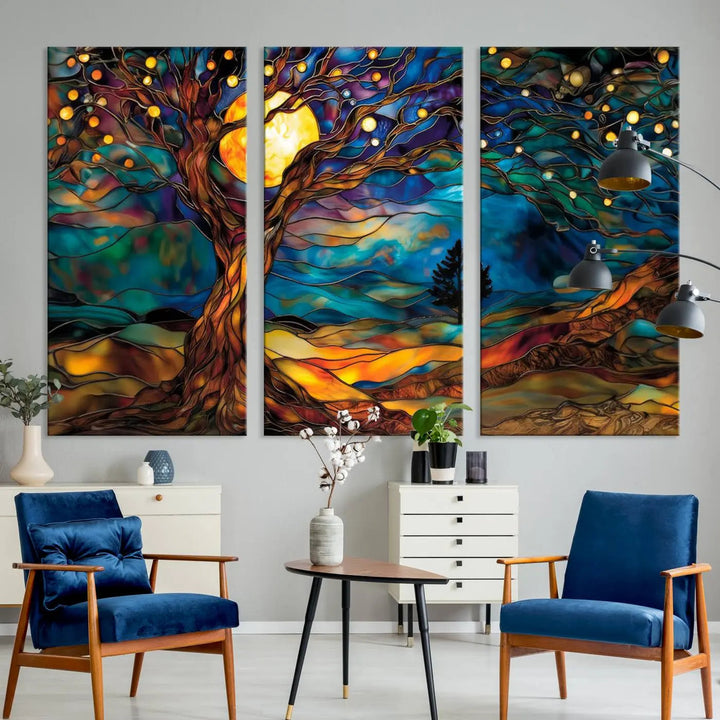 The Tree of Life wall art, featuring a moonlit Yggdrasil tree, evokes a vibrant and cozy atmosphere.