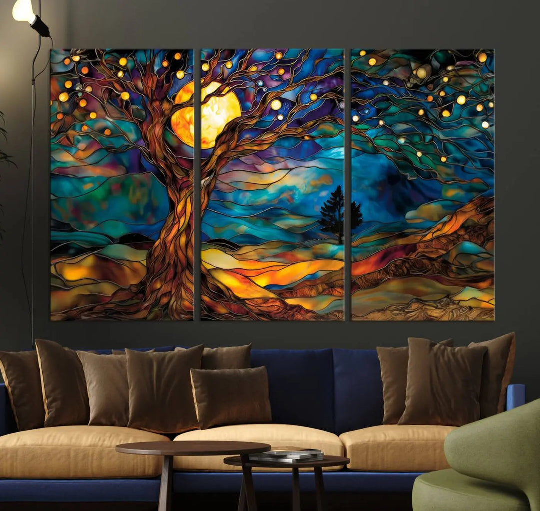 The Tree of Life wall art, featuring a moonlit Yggdrasil tree, evokes a vibrant and cozy atmosphere.