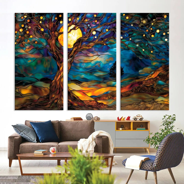 The Tree of Life wall art, featuring a moonlit Yggdrasil tree, evokes a vibrant and cozy atmosphere.