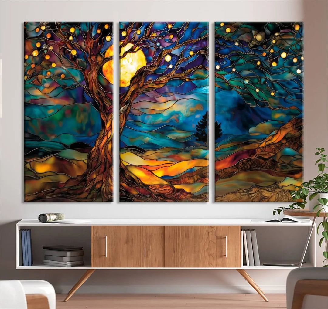 The Tree of Life wall art, featuring a moonlit Yggdrasil tree, evokes a vibrant and cozy atmosphere.