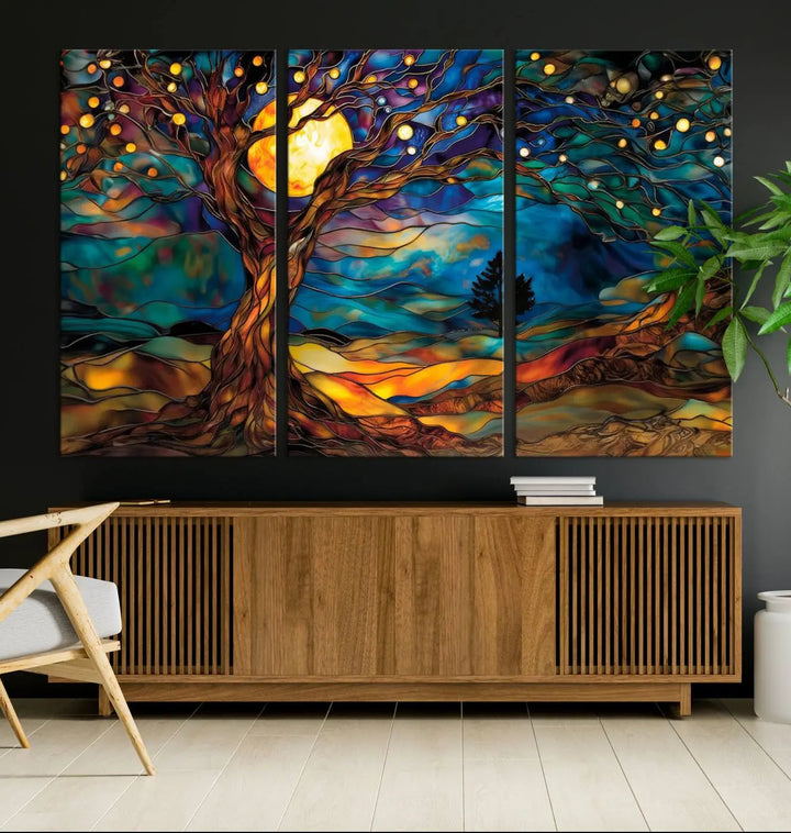 The Tree of Life wall art, featuring a moonlit Yggdrasil tree, evokes a vibrant and cozy atmosphere.