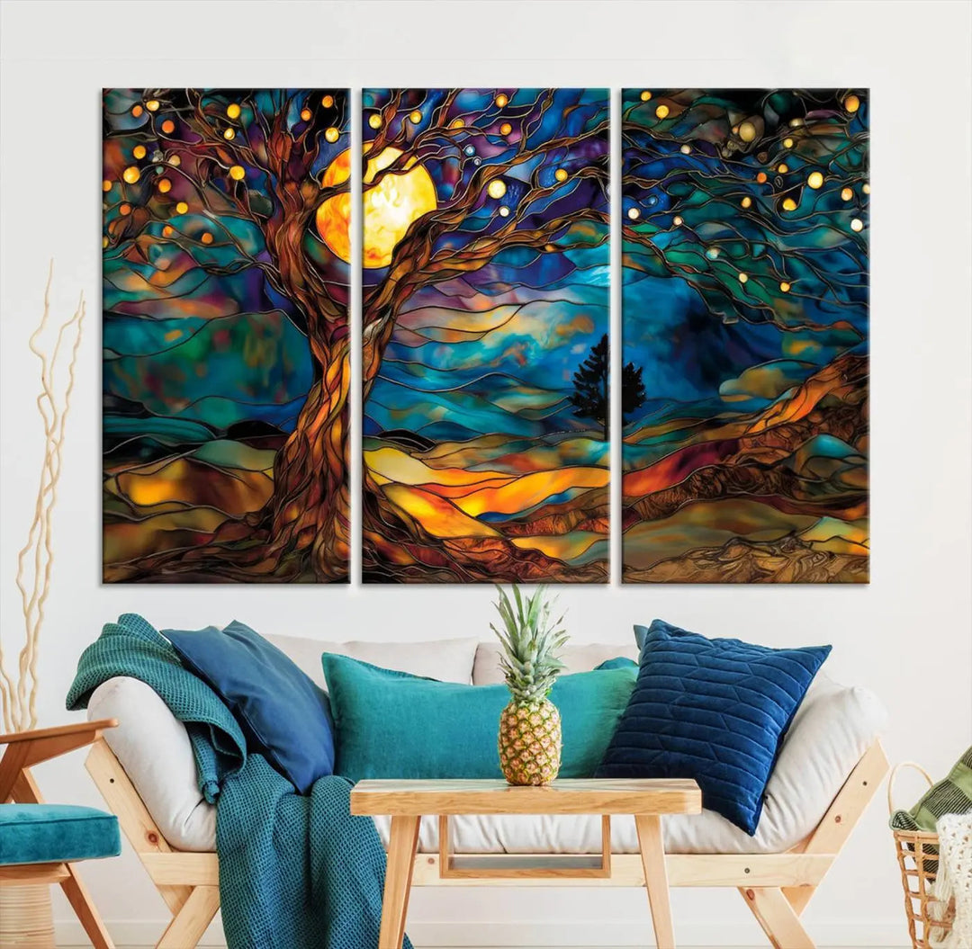 The Tree of Life wall art, featuring a moonlit Yggdrasil tree, evokes a vibrant and cozy atmosphere.