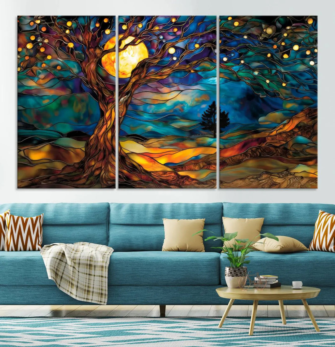 The Tree of Life wall art, featuring a moonlit Yggdrasil tree, evokes a vibrant and cozy atmosphere.