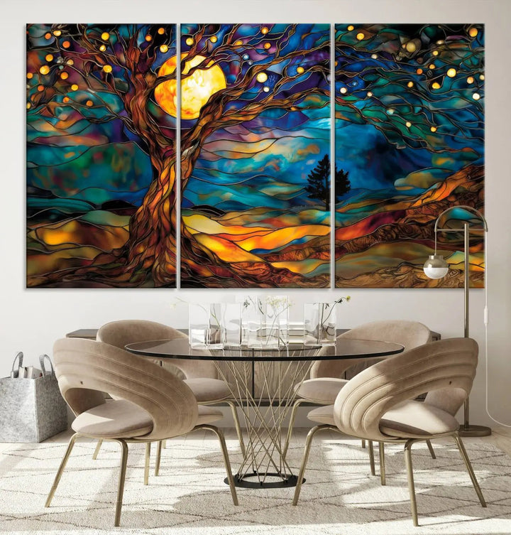 The Tree of Life wall art, featuring a moonlit Yggdrasil tree, evokes a vibrant and cozy atmosphere.