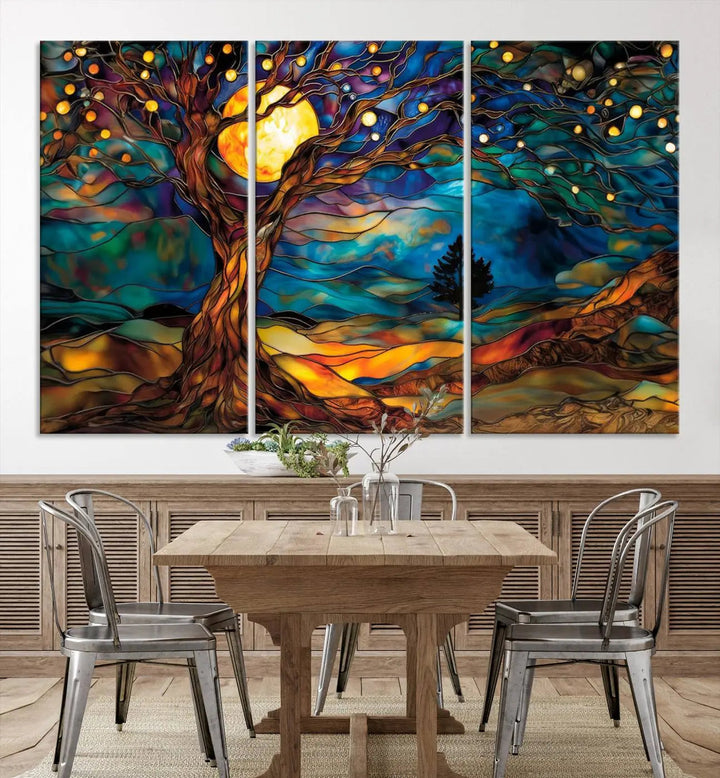 The Tree of Life wall art, featuring a moonlit Yggdrasil tree, evokes a vibrant and cozy atmosphere.