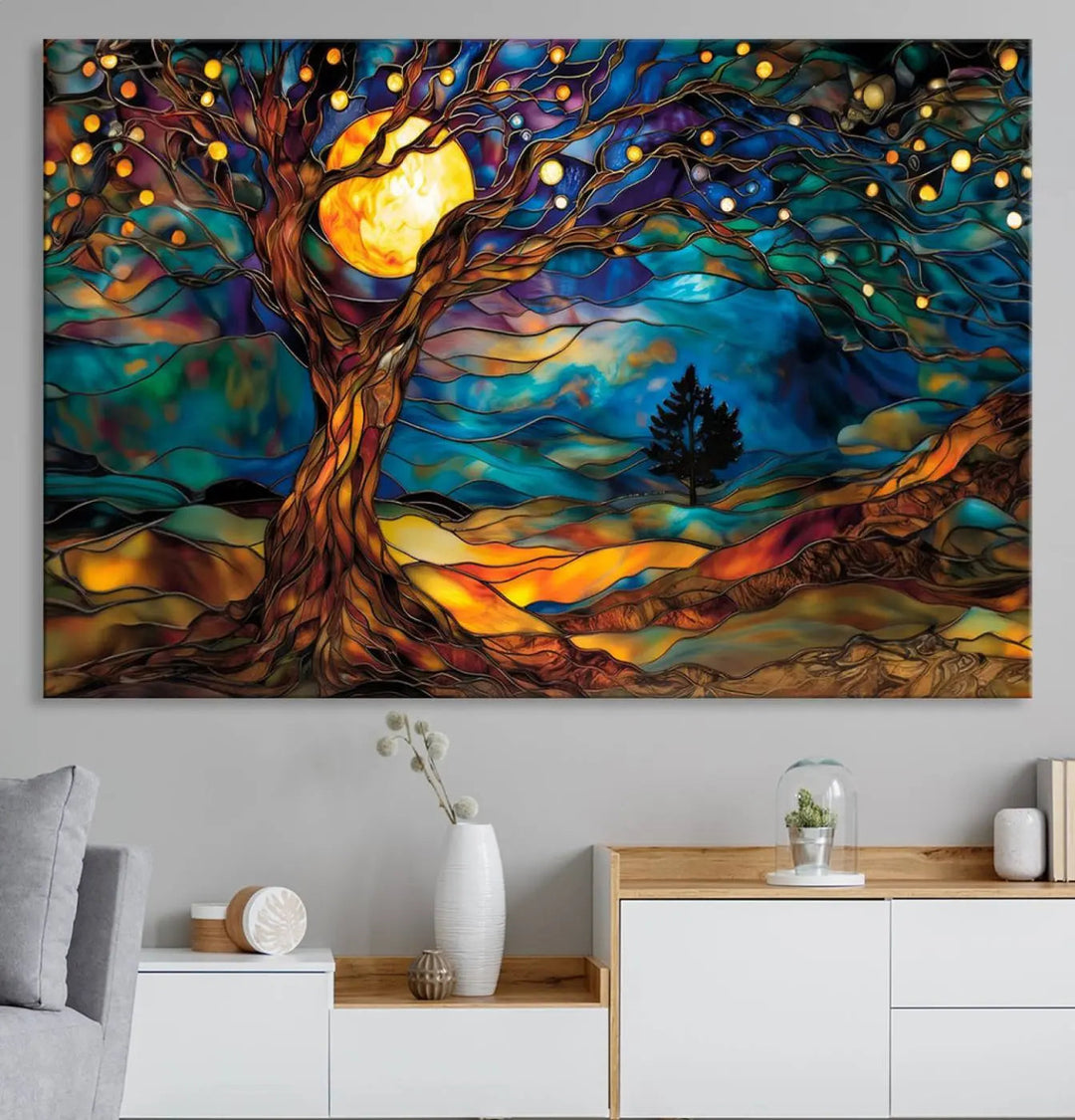 The Tree of Life wall art, featuring a moonlit Yggdrasil tree, evokes a vibrant and cozy atmosphere.