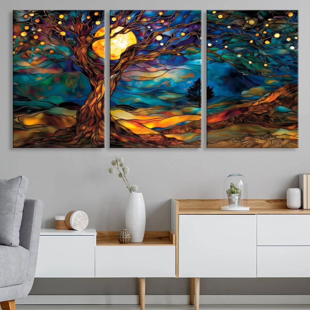 The Tree of Life wall art, featuring a moonlit Yggdrasil tree, evokes a vibrant and cozy atmosphere.