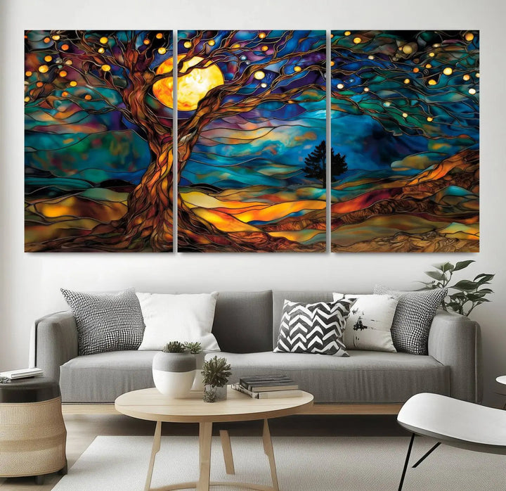 The Tree of Life wall art, featuring a moonlit Yggdrasil tree, evokes a vibrant and cozy atmosphere.