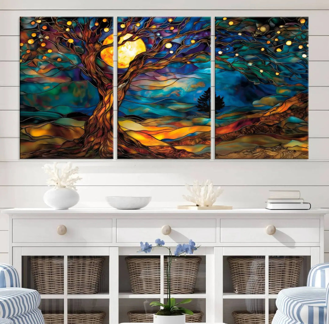 The Tree of Life wall art, featuring a moonlit Yggdrasil tree, evokes a vibrant and cozy atmosphere.