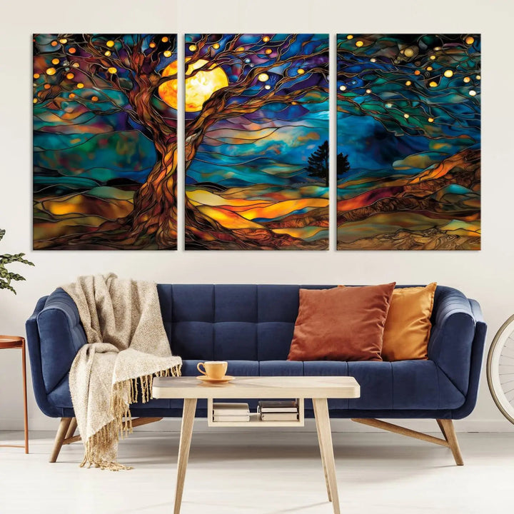 The Tree of Life wall art, featuring a moonlit Yggdrasil tree, evokes a vibrant and cozy atmosphere.