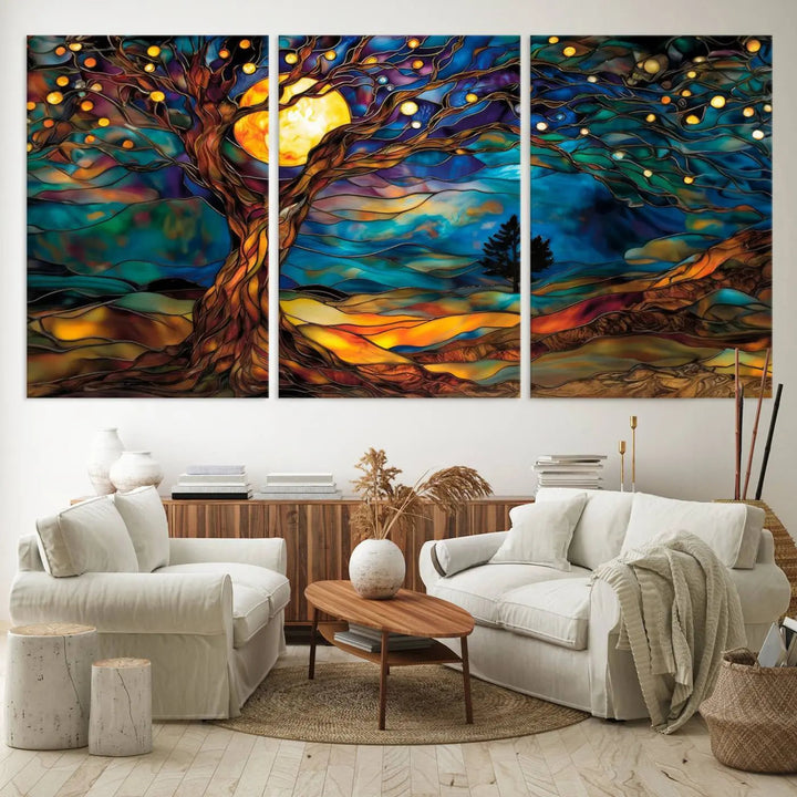 The Tree of Life wall art, featuring a moonlit Yggdrasil tree, evokes a vibrant and cozy atmosphere.