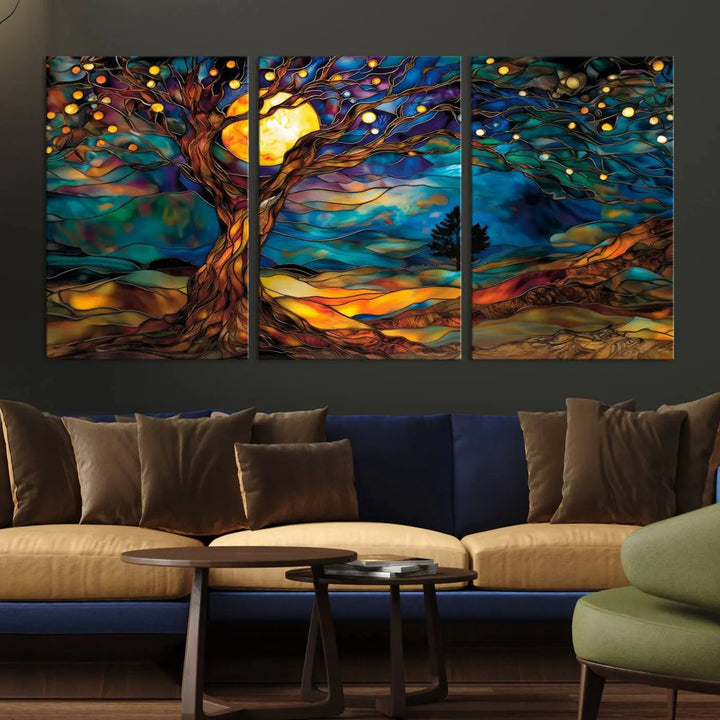 The Tree of Life wall art, featuring a moonlit Yggdrasil tree, evokes a vibrant and cozy atmosphere.